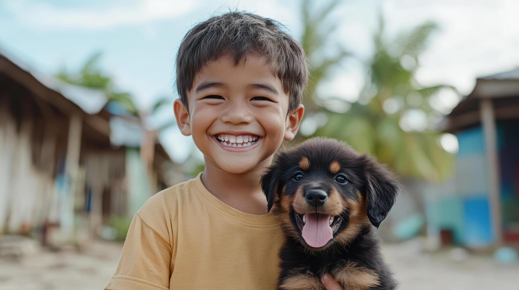 young boy smiles joyfully while holding playful puppy in sunny outdoor setting photo