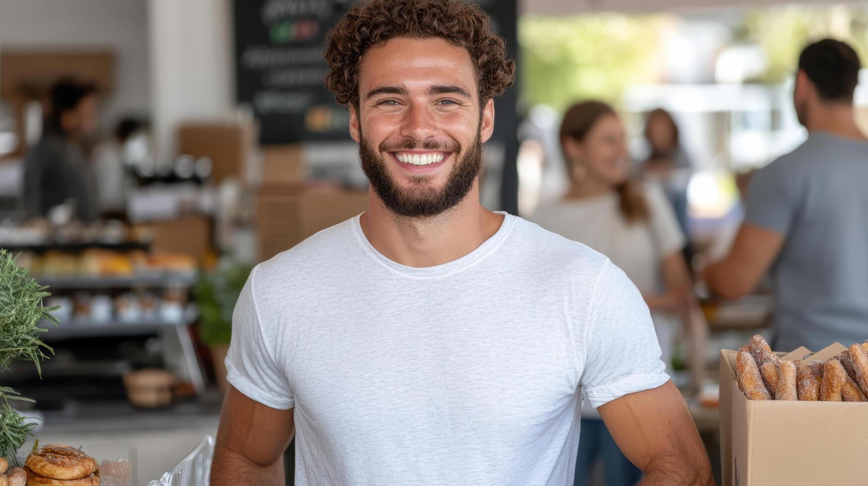 young man with curly hair and beard smiles confidently while standing bakery, showcasing photo