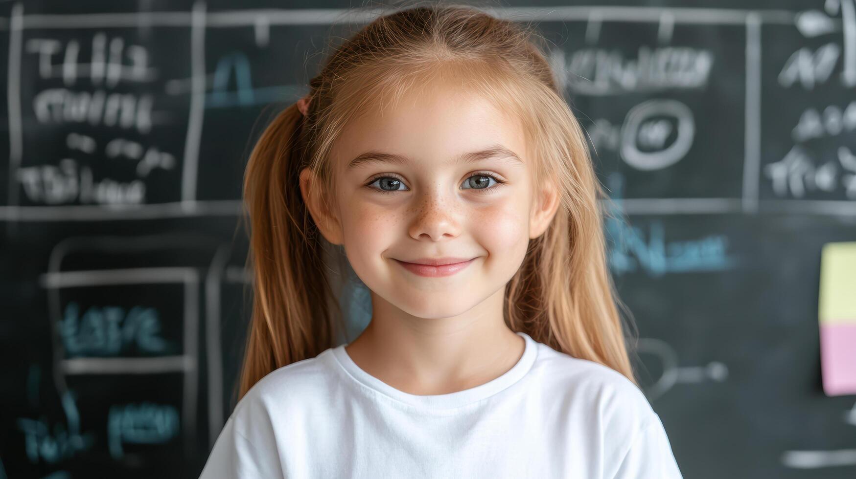 Confident young girl smiling in front of chalkboard filled with drawings photo