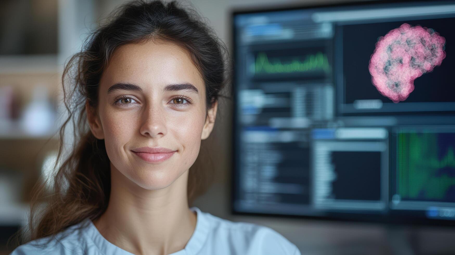 young professional smiling confidently in front of computer displaying data analysis photo