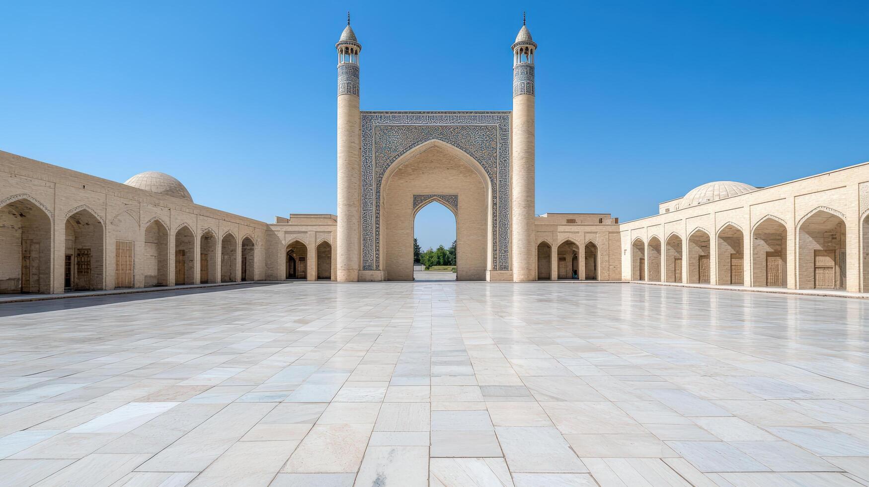 Ancient Persian palace with grand archways and stunning architecture under clear blue sky photo
