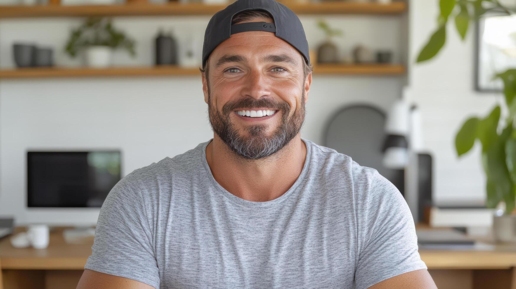 Smiling man casual attire sitting modern workspace, exuding confidence and approachability photo
