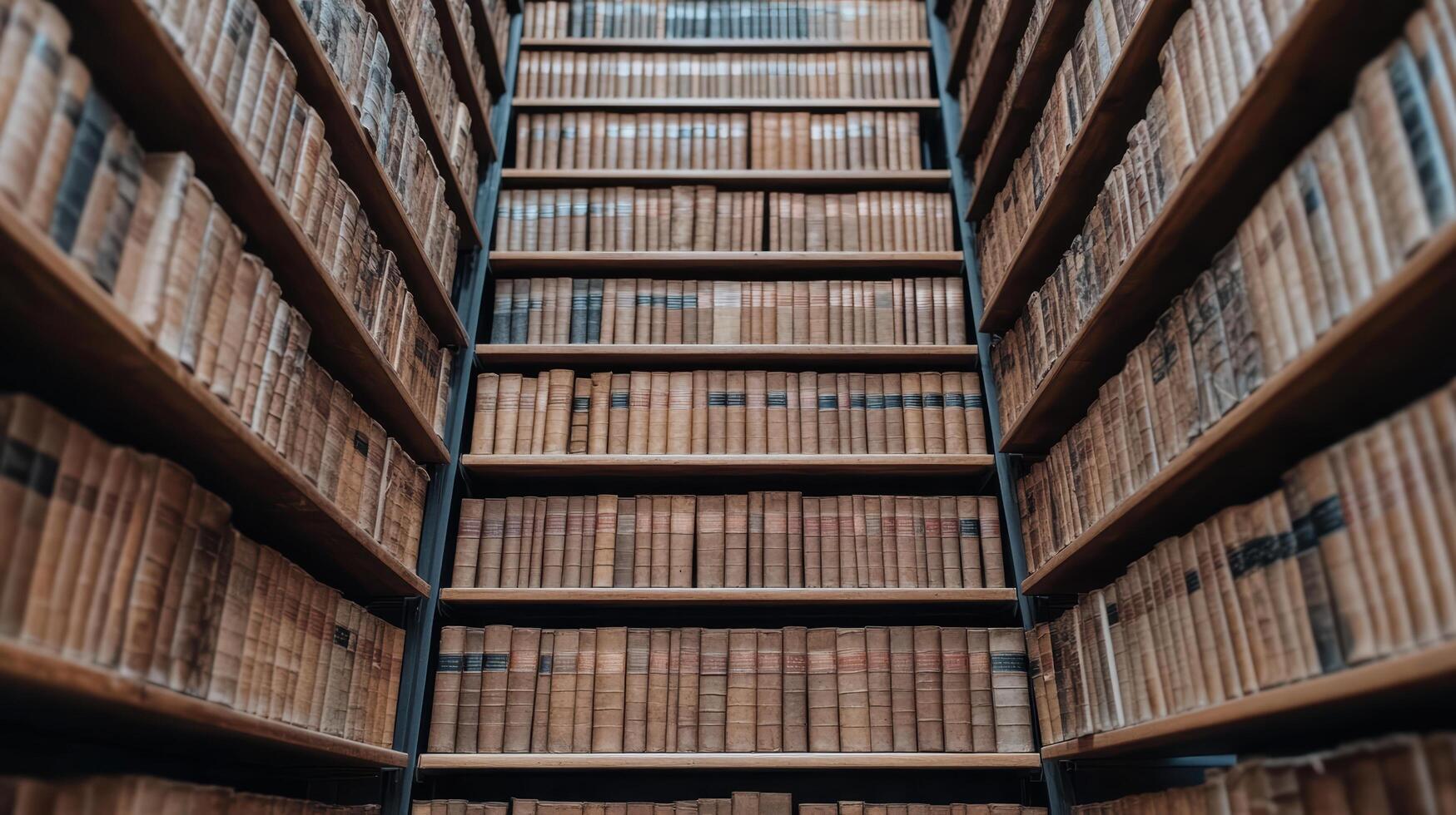 Old library with towering wooden bookshelves filled with vintage books, creating nostalgic photo