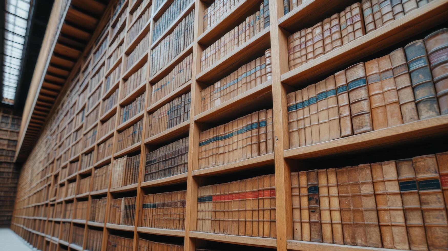 stunning library with towering wooden bookshelves filled with classic books, creating warm photo