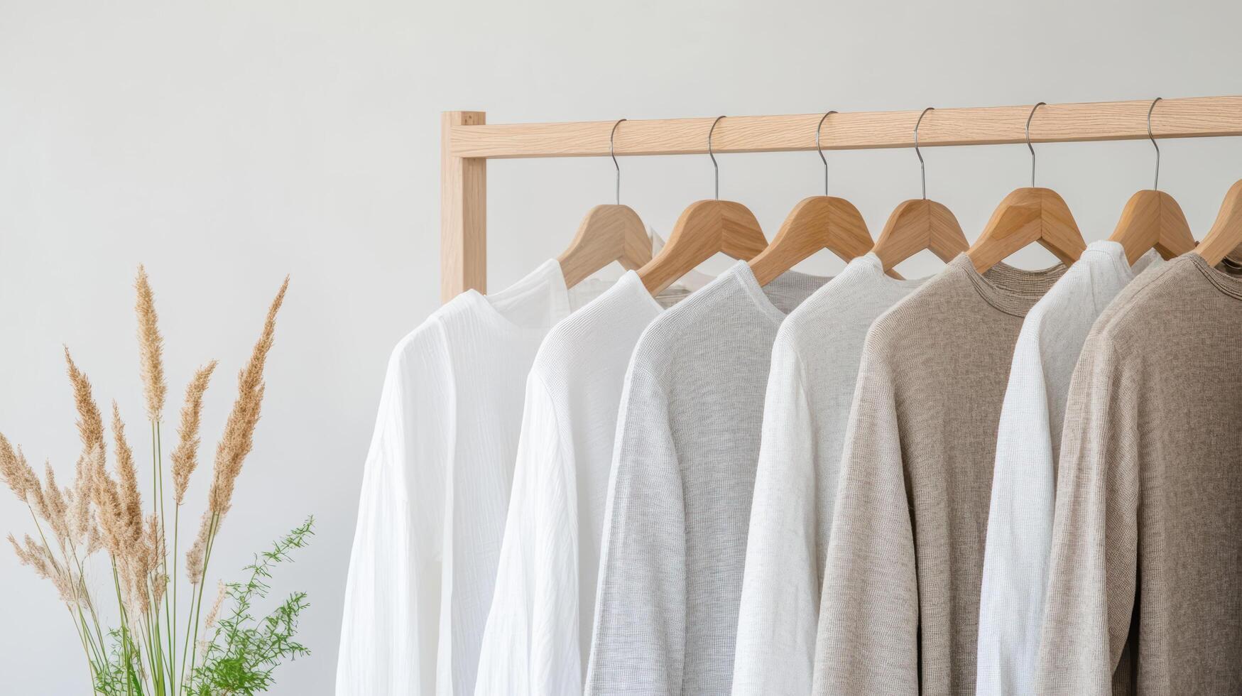 Soft, neutral toned shirts displayed on wooden rack with decorative plants photo