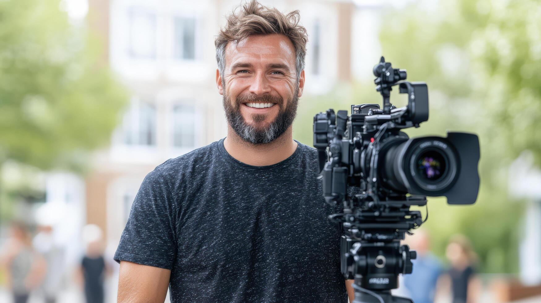 smiling man holds professional camera, showcasing his passion for filmmaking photo