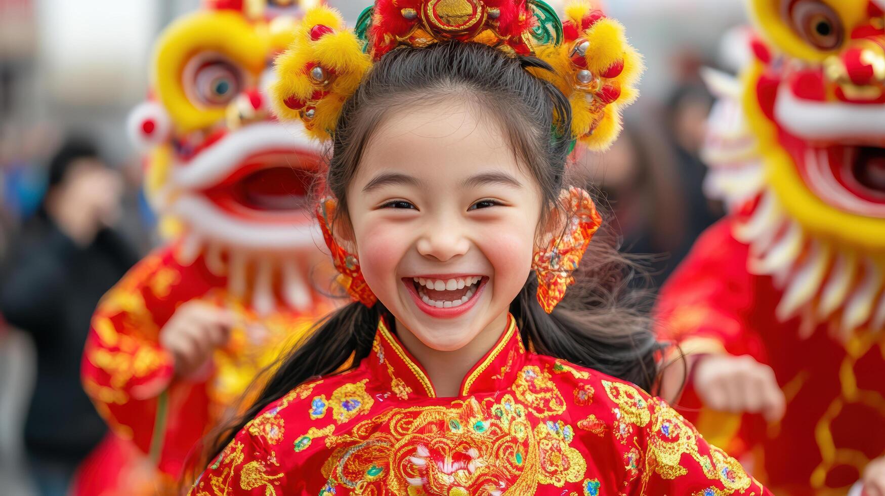 joyful girl in vibrant red costume smiles brightly during lively lion dance performance photo