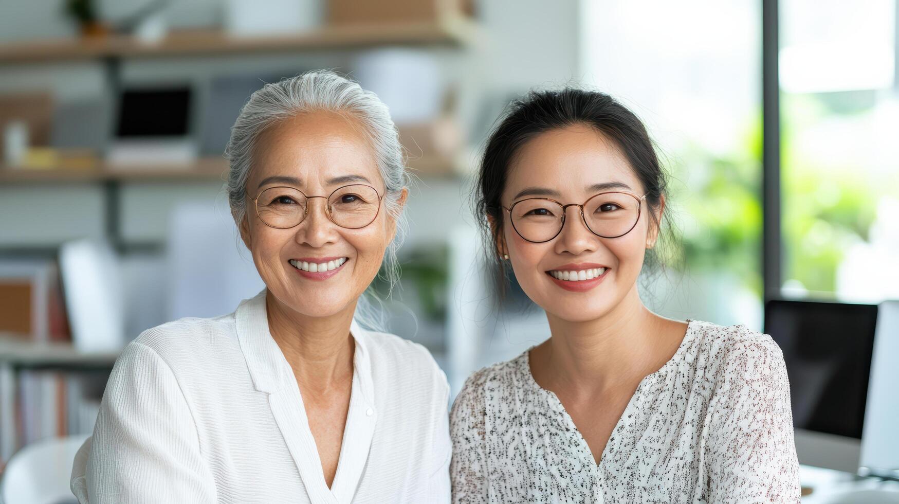 Smiling women in bright office setting, showcasing joy and connection photo