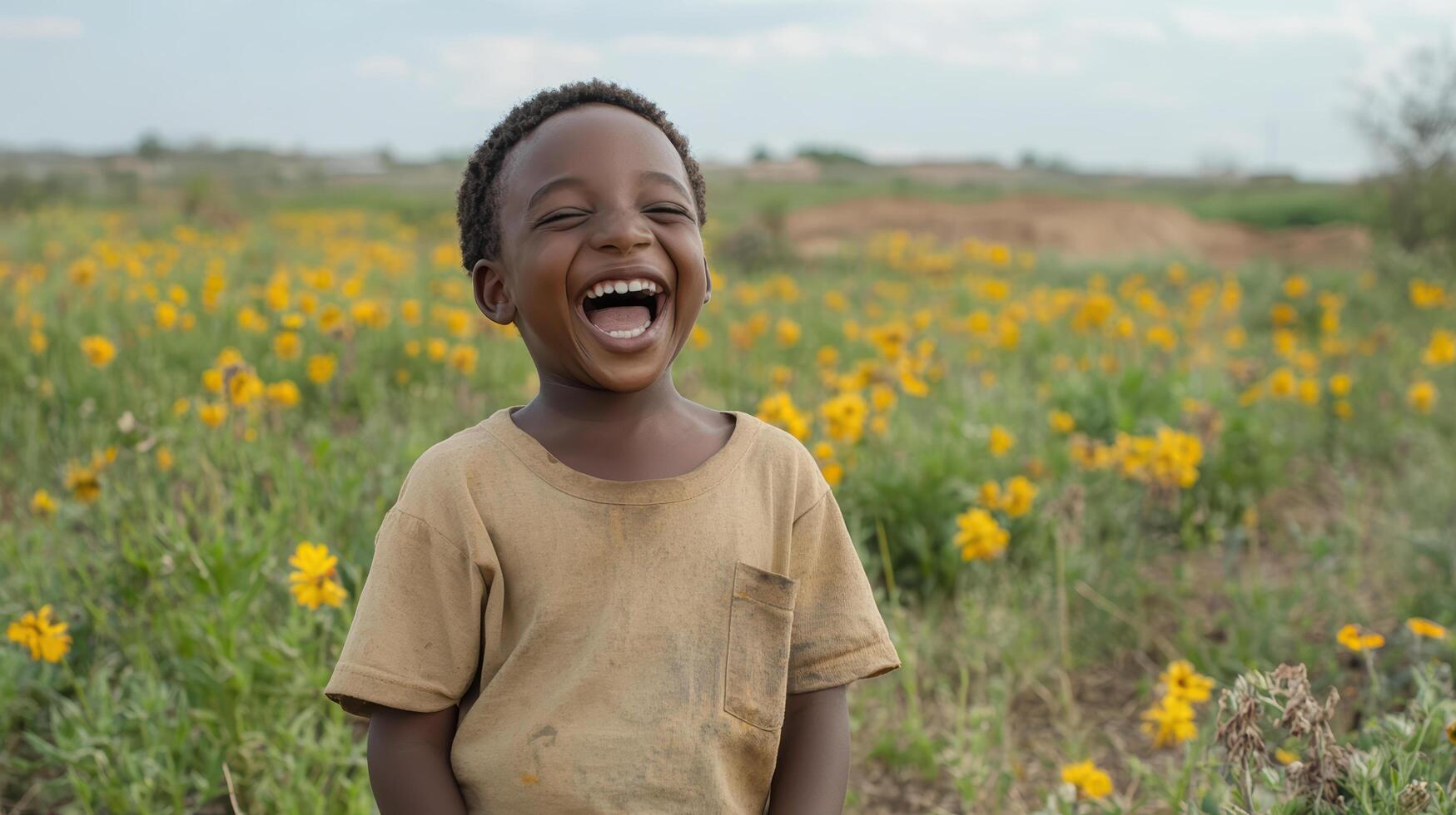 joyful child laughing in flower field, surrounded by vibrant blooms and greenery photo