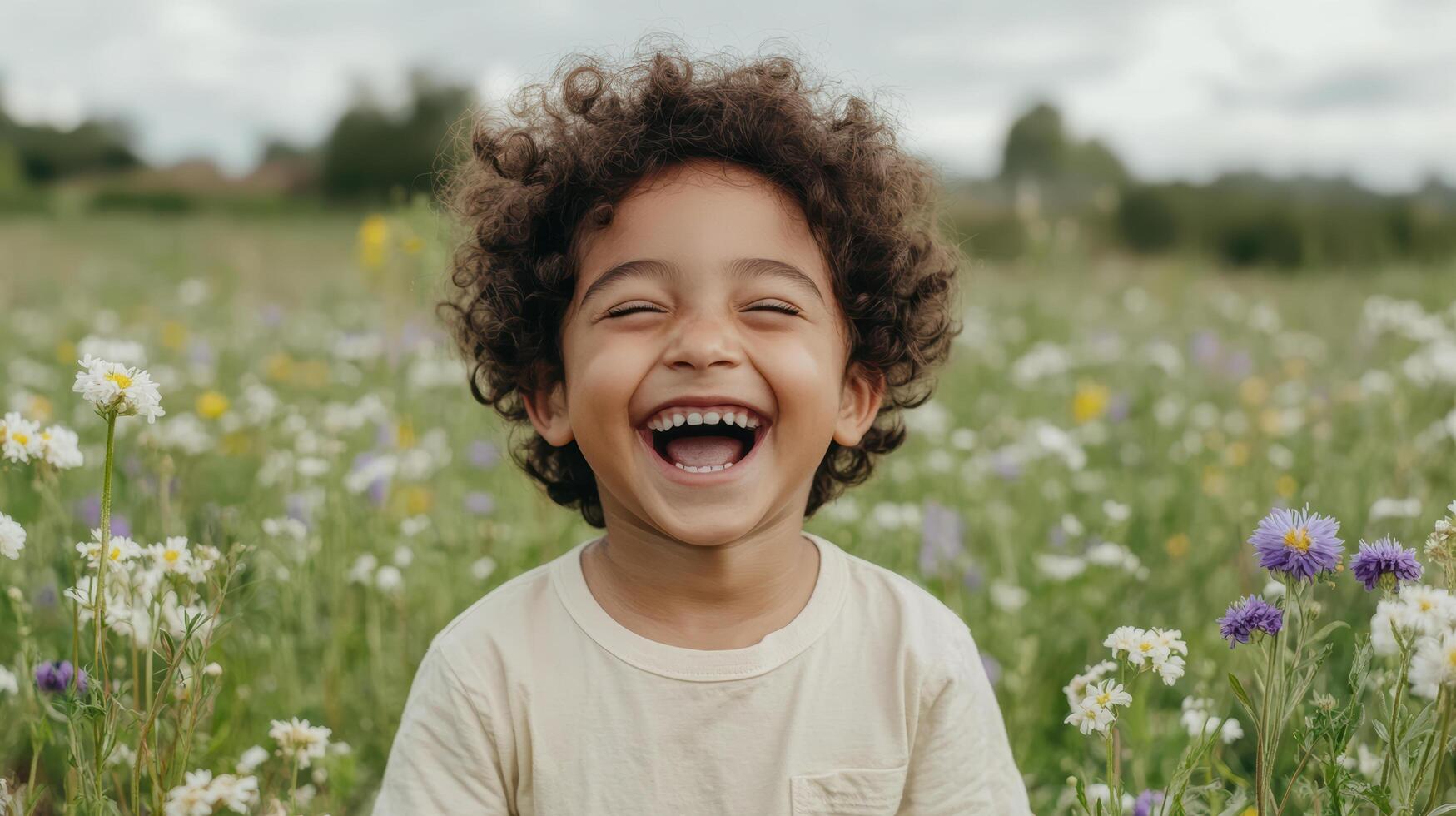 joyful child laughing in flower field, surrounded by colorful blooms and greenery photo