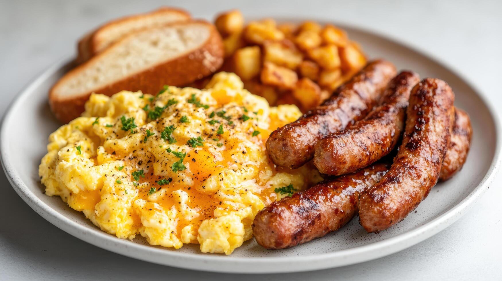 A plate with scrambled eggs, sausage and toast photo