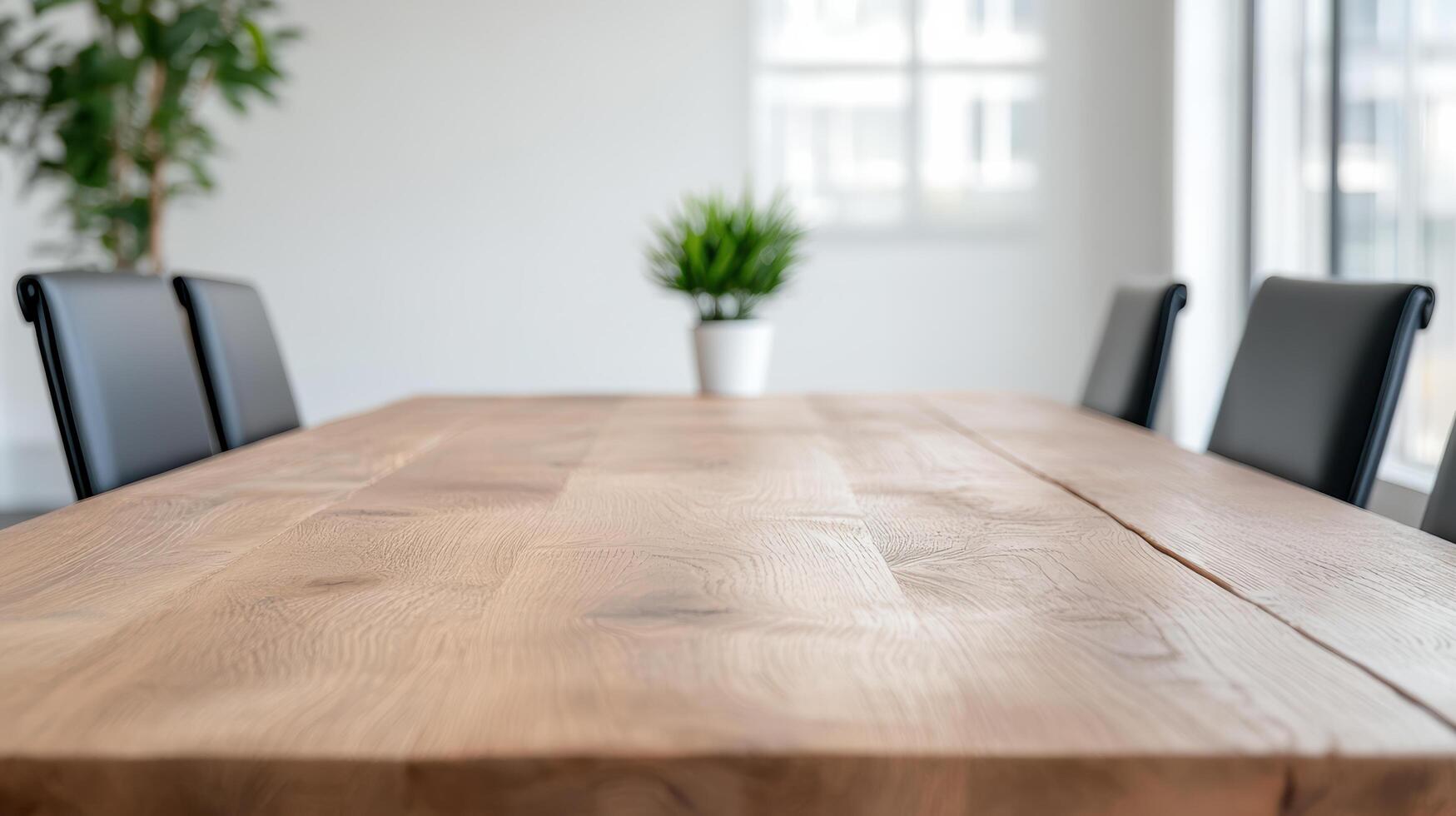 A wooden table with black chairs in front of a window photo