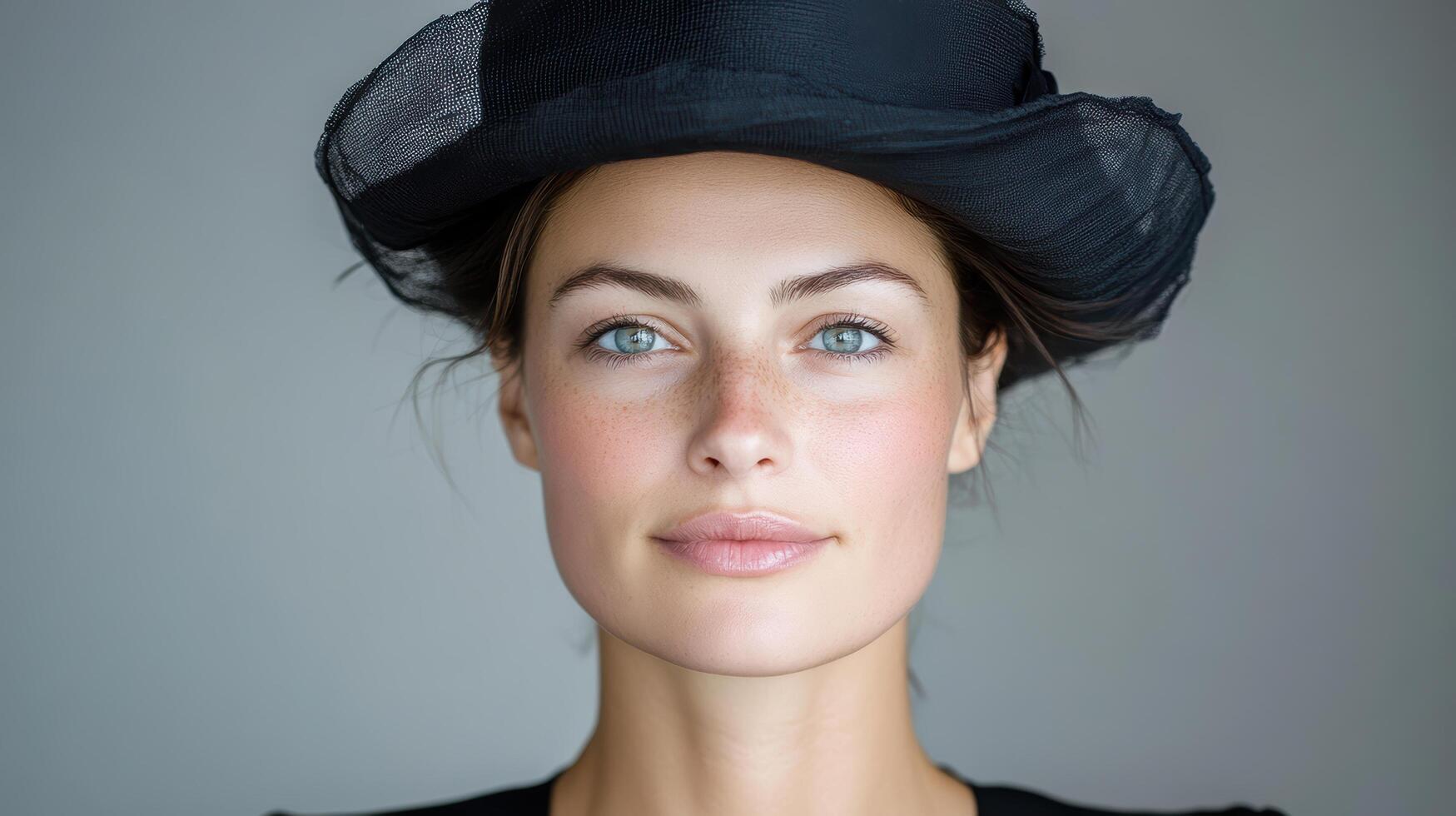 A woman wearing a black hat and blue eyes photo