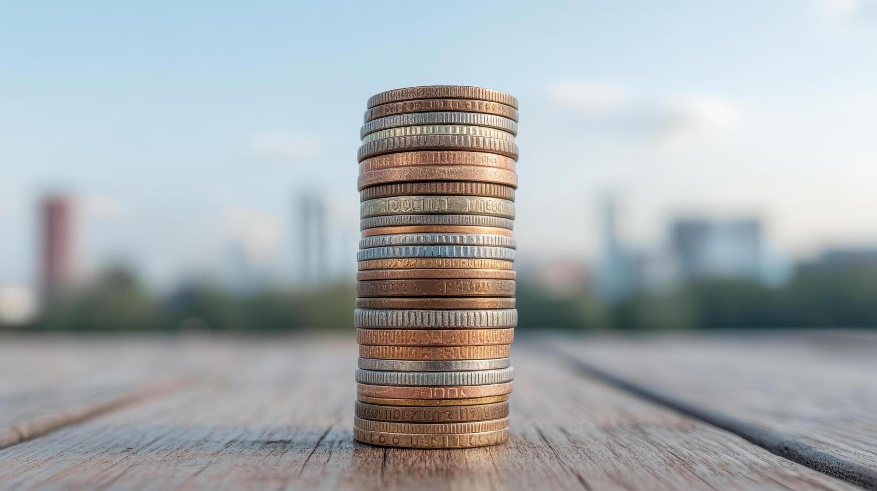 Stack of coins on wooden table with cityscape in background photo