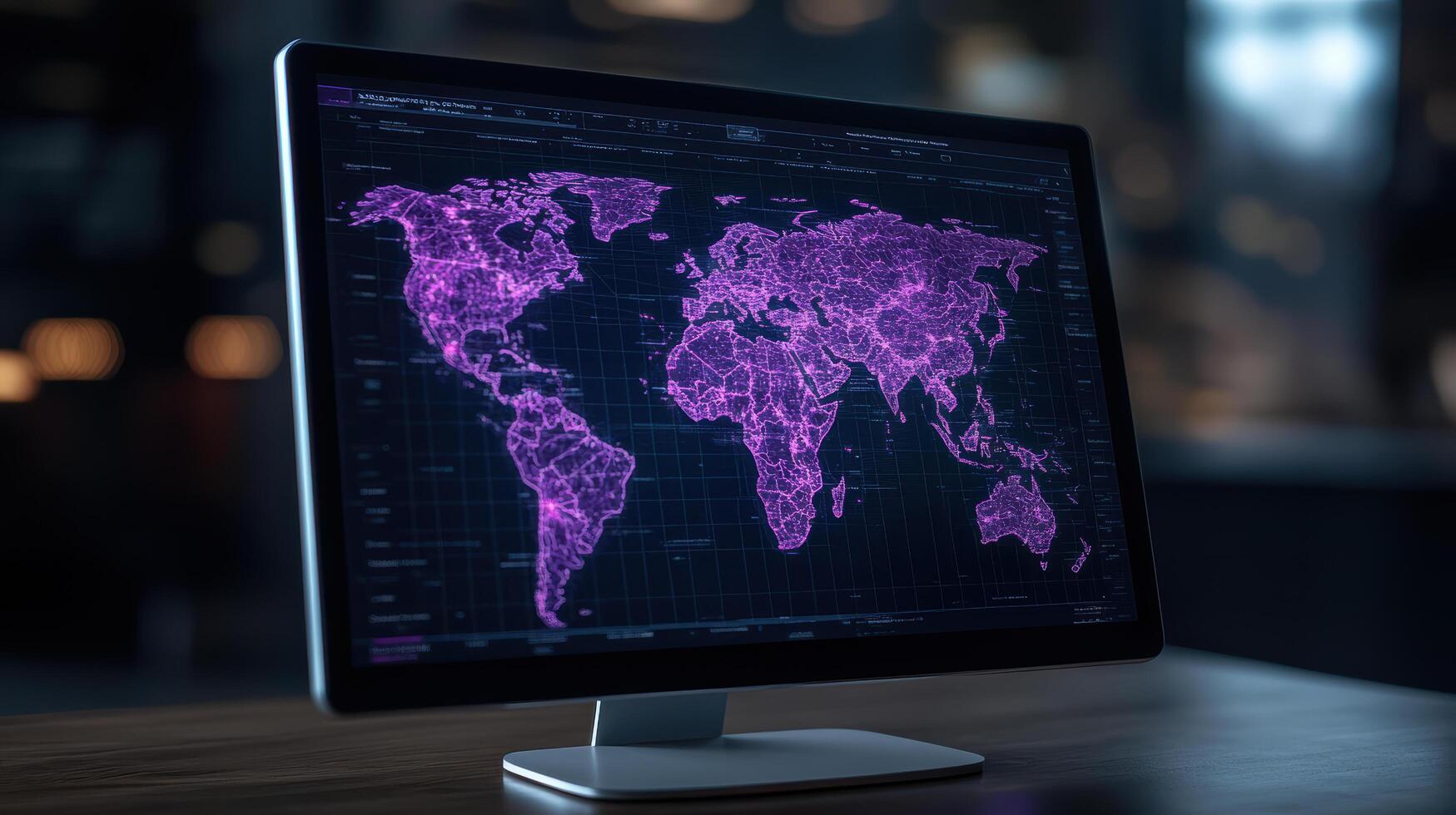A monitor with a world map on it photo