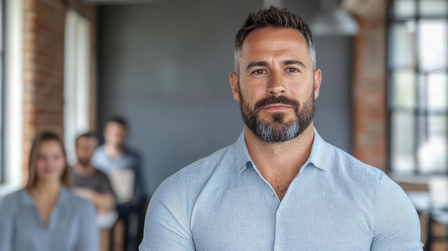 A man with a beard and blue shirt standing in front of a group of people photo