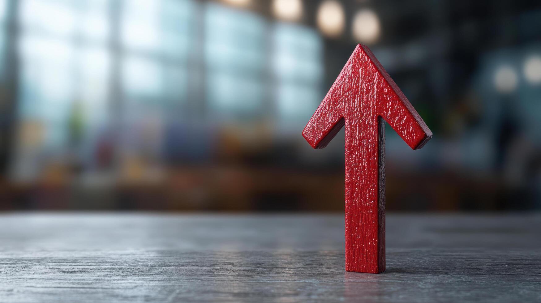 A red arrow pointing up on a wooden table photo