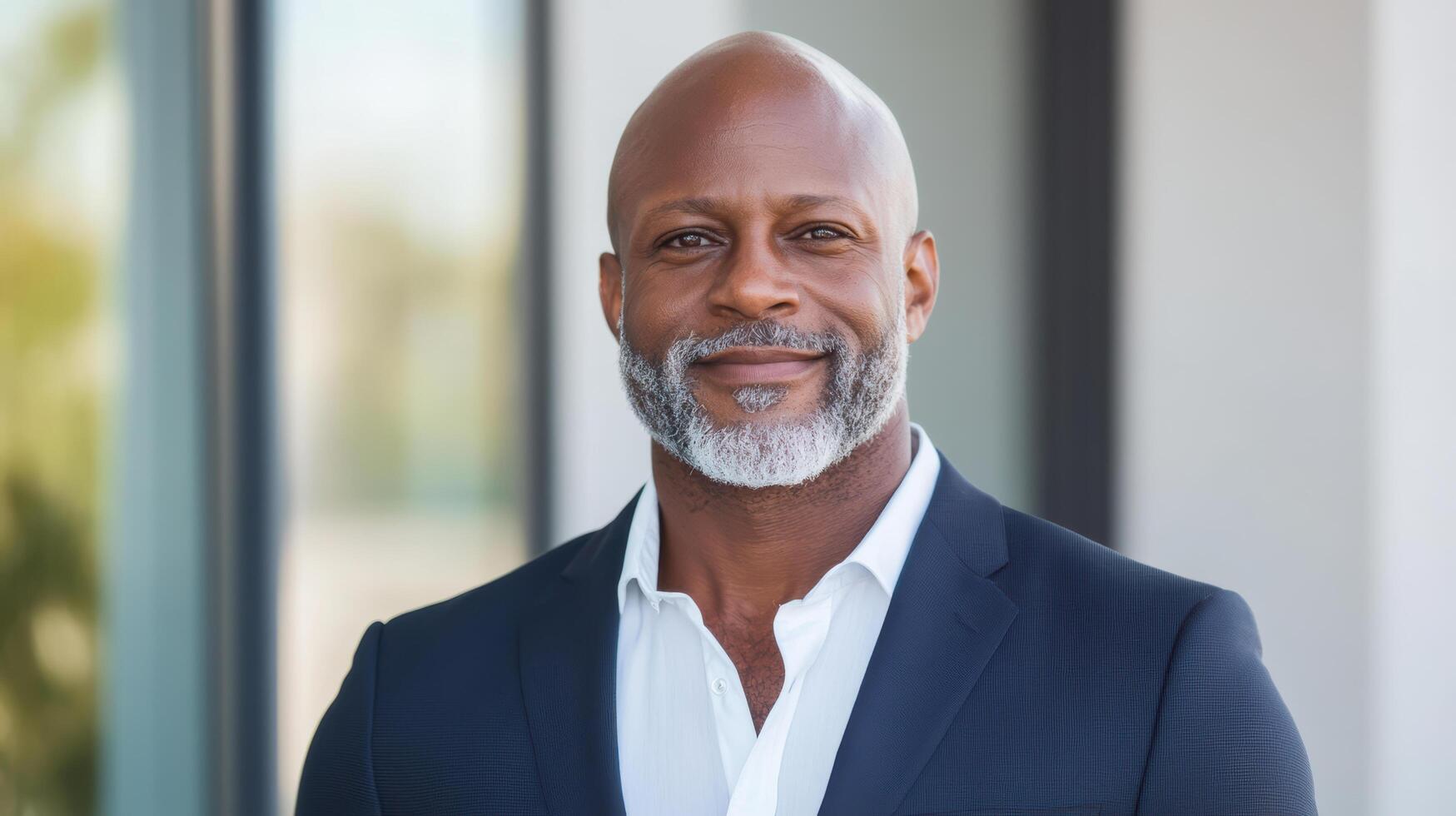 A bald man in a suit and white shirt photo
