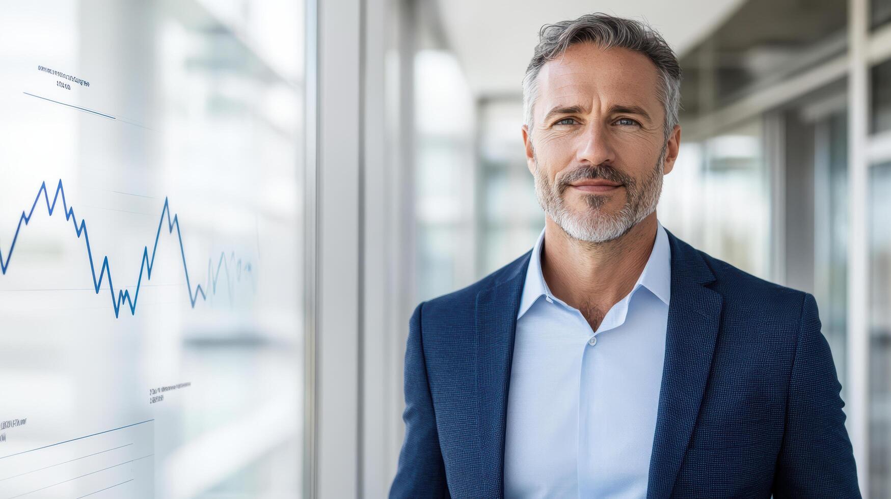 A man in a suit standing in front of a graph photo