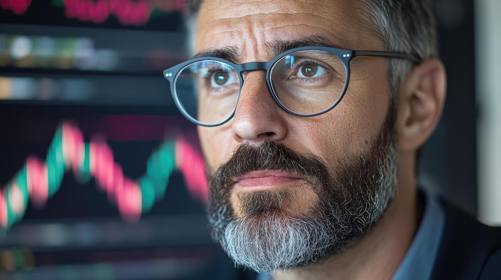 A man with glasses and a beard looking at a stock chart photo