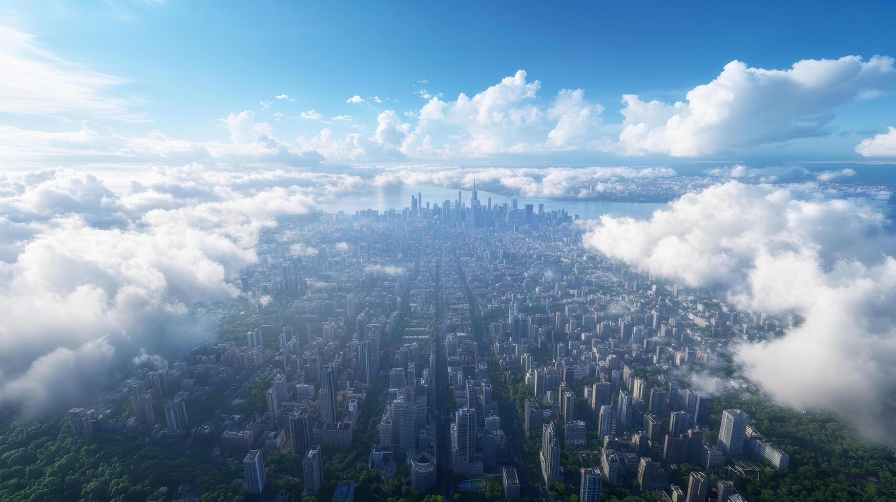 An aerial view of a city surrounded by clouds photo