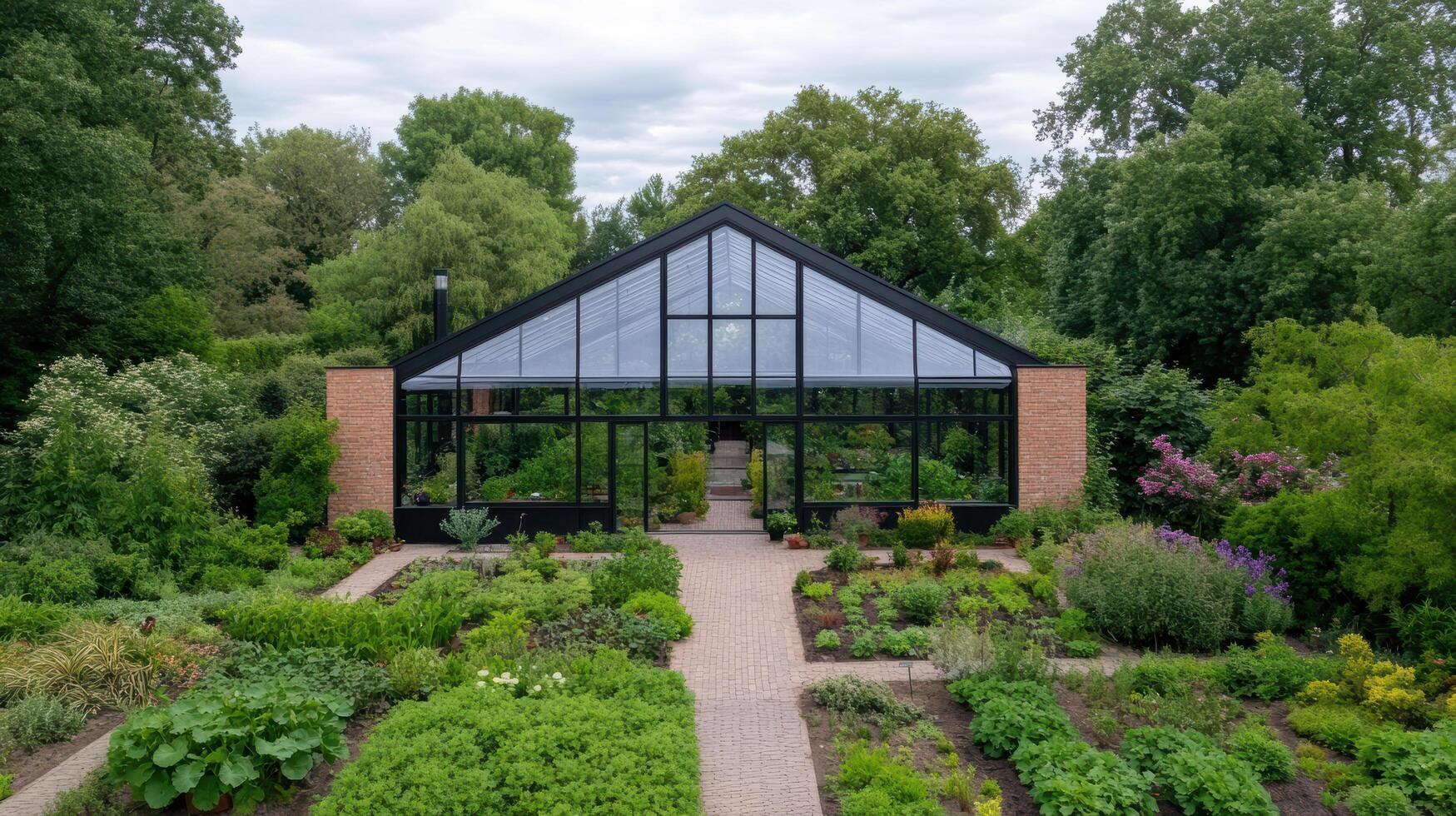 A garden with a greenhouse and a walkway photo