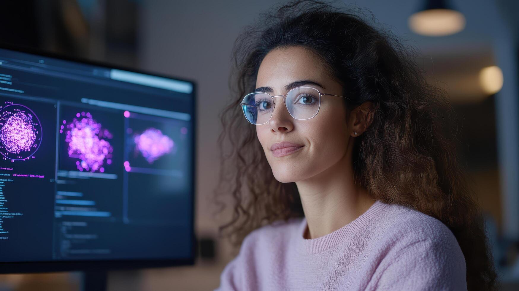 focused woman with curly hair and glasses is working on computer, analyzing data visualizations photo