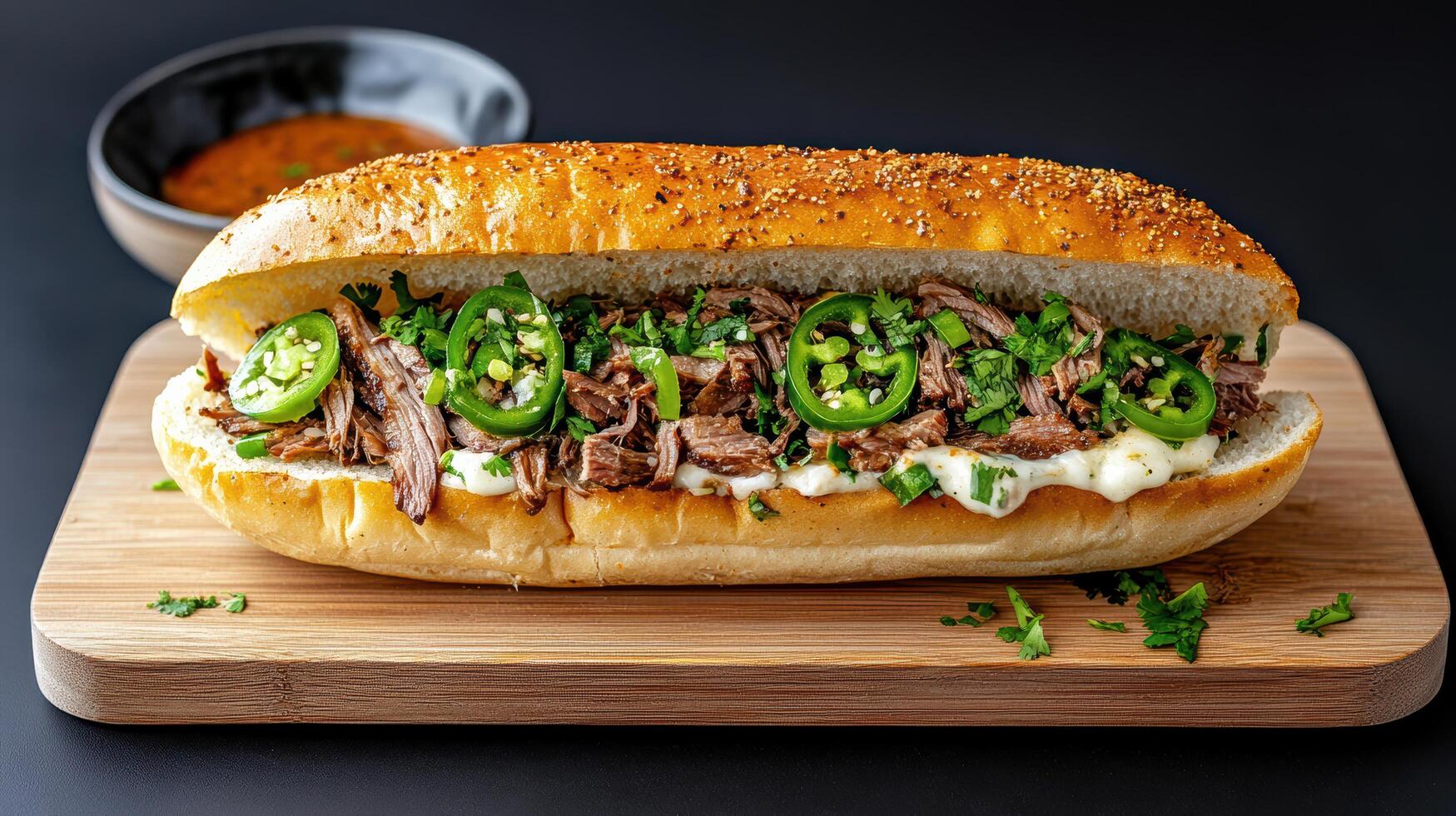 A sandwich with meat and jalapenos on a cutting board photo