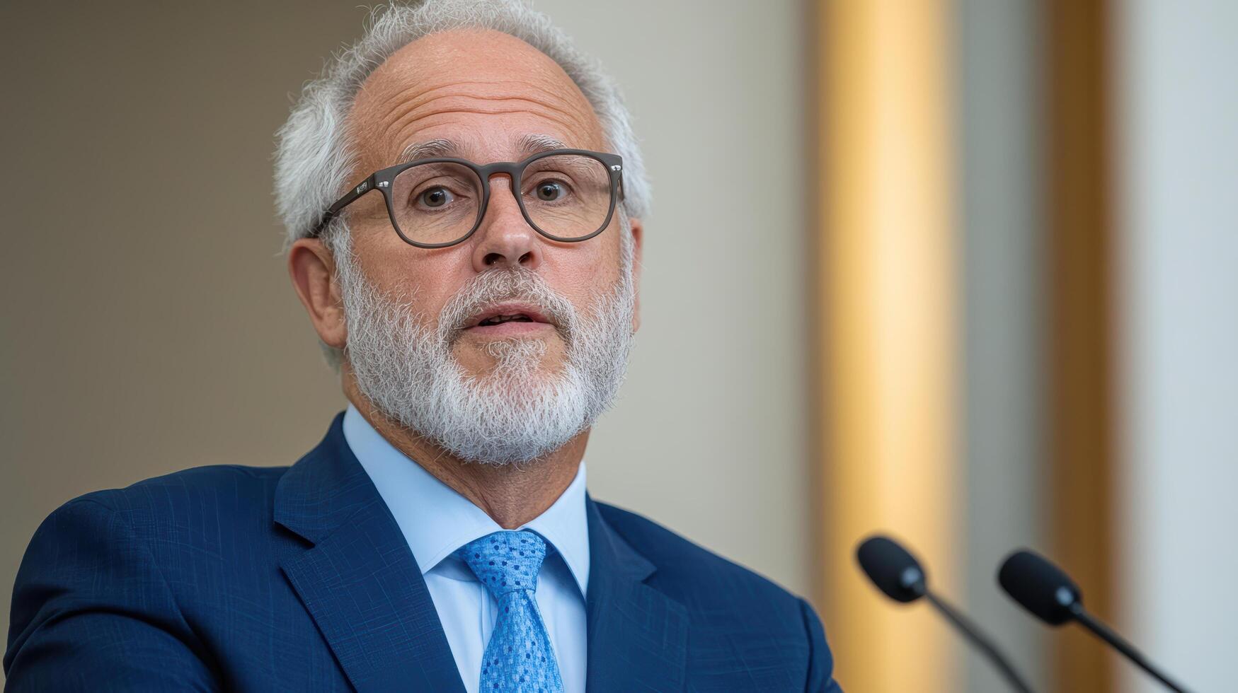Professional man in suit giving press briefing with serious expression photo