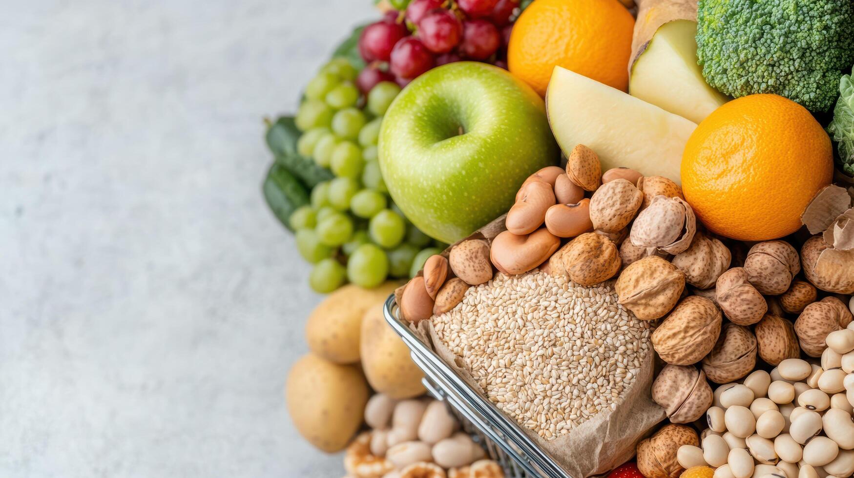 A variety of fruits and vegetables are arranged in a basket photo