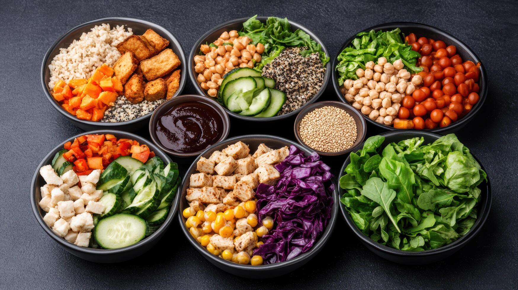 A variety of different types of vegetables in bowls photo