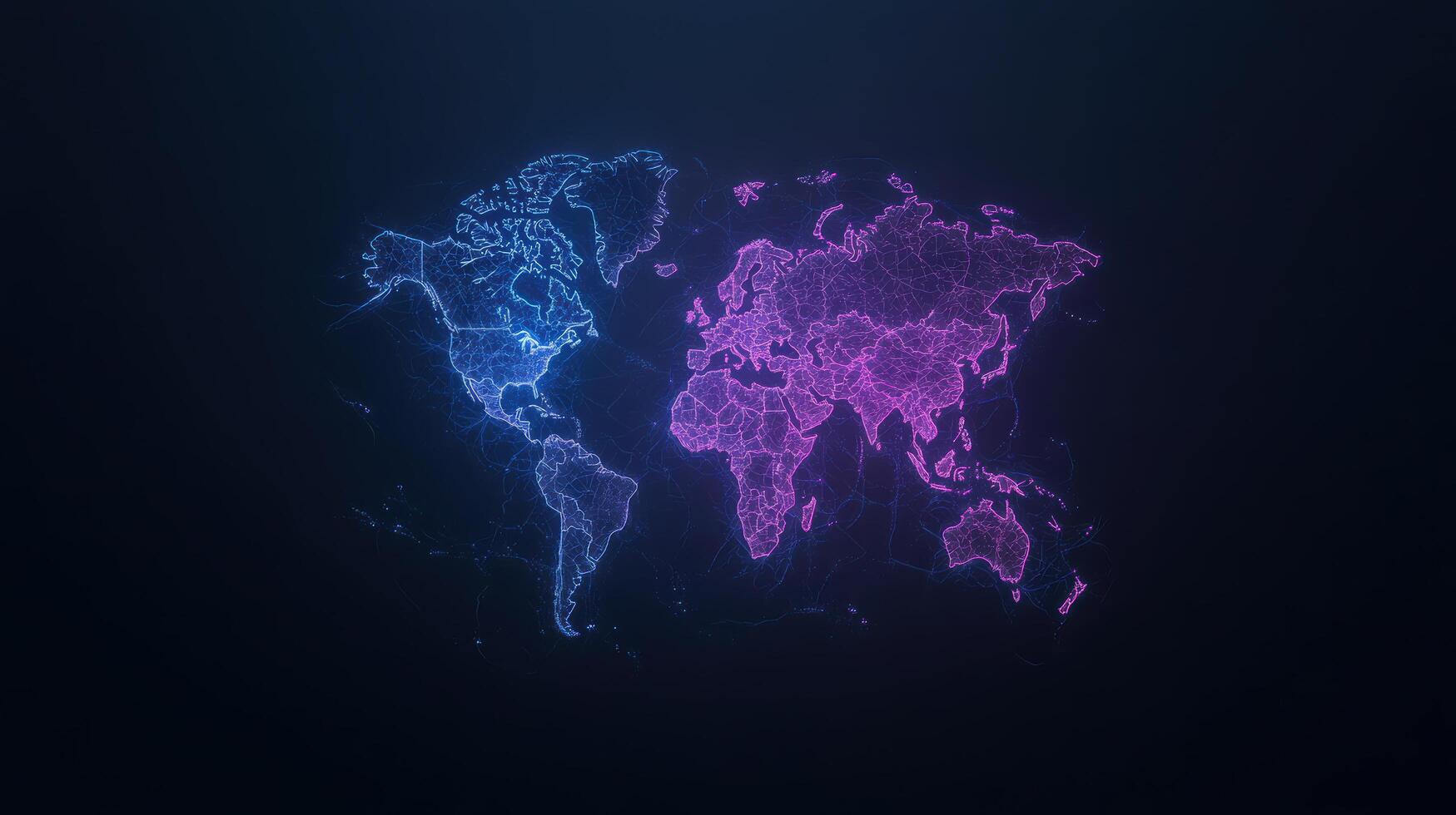 vibrant world map illuminated in blue and pink hues, showcasing global connections and networks photo