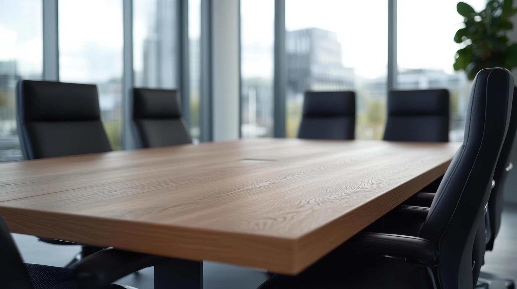 A conference table with black chairs in front of a window photo