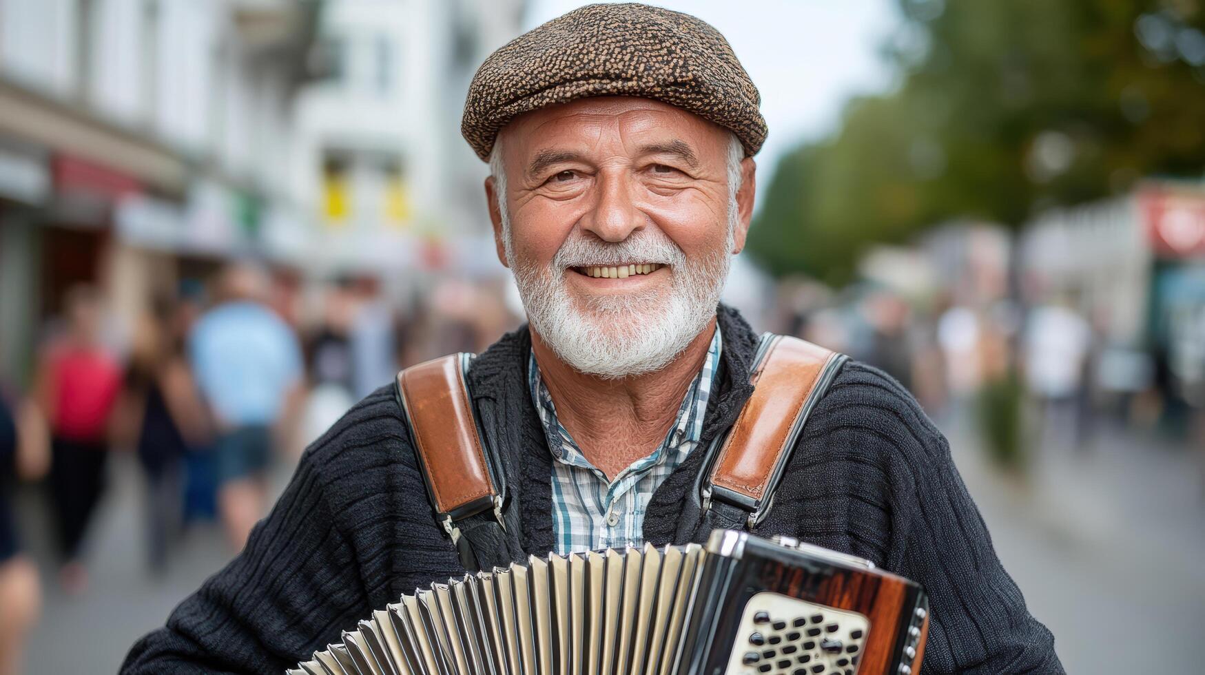 cheerful street musician plays accordion, bringing joy to passersby in lively urban setting photo