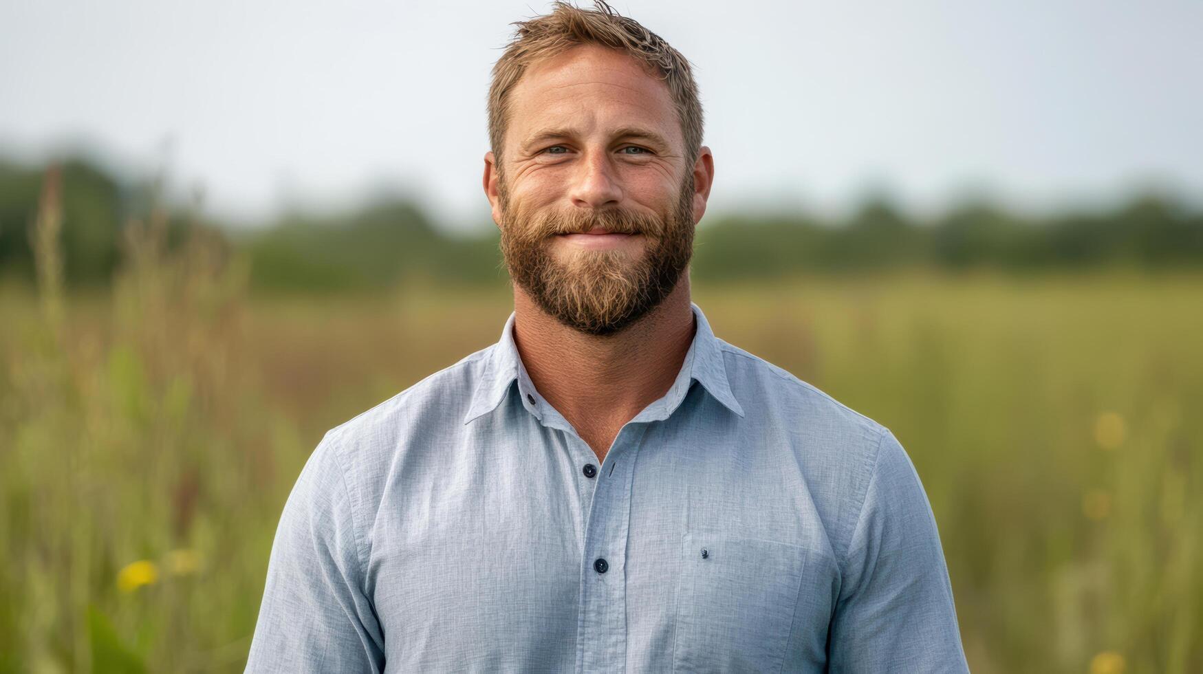 smiling man stands confidently in lush green field, showcasing relaxed demeanor photo