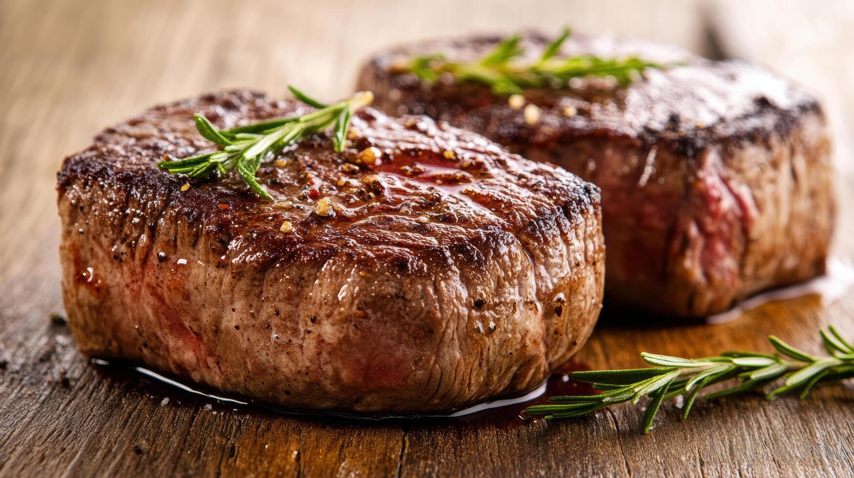 Two steaks with herbs and spices on a wooden table photo