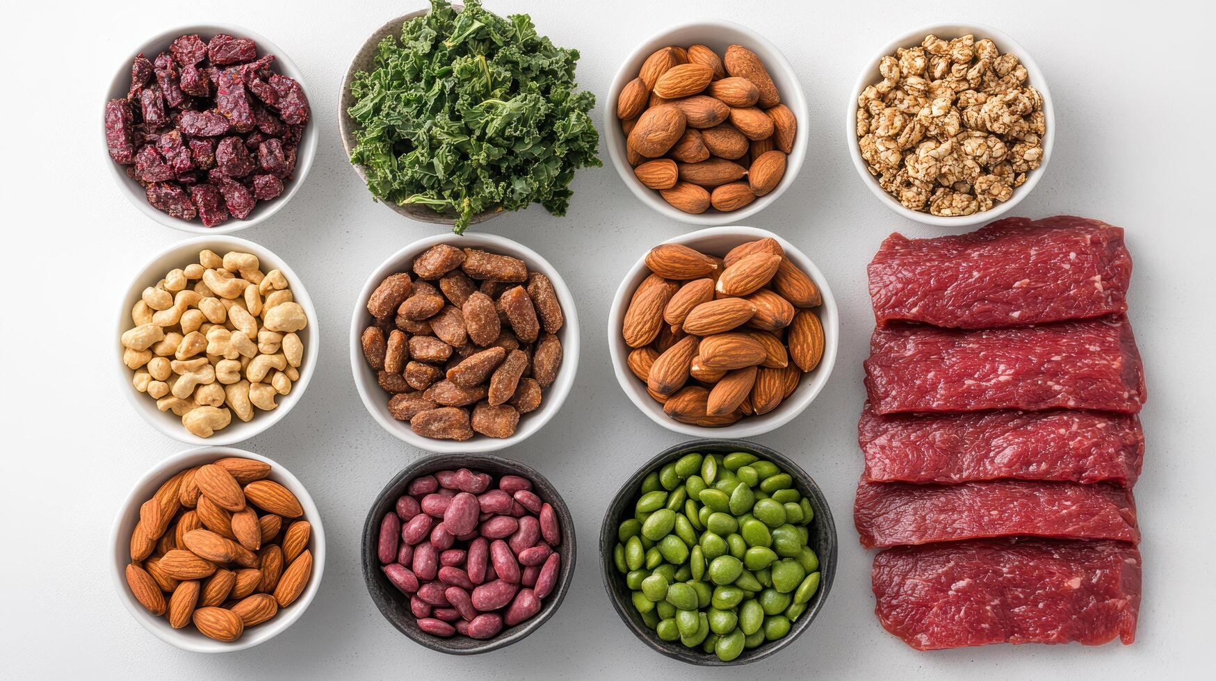 A variety of different types of meat and nuts in bowls photo