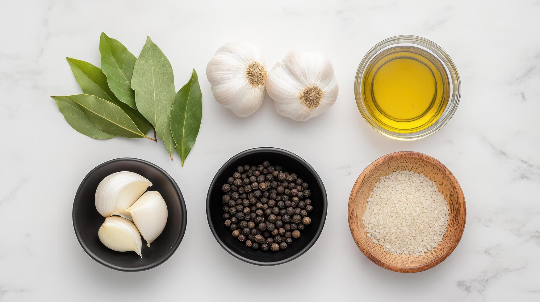 Fresh garlic, bay leaves, black pepper, rice, and olive oil create vibrant culinary scene photo