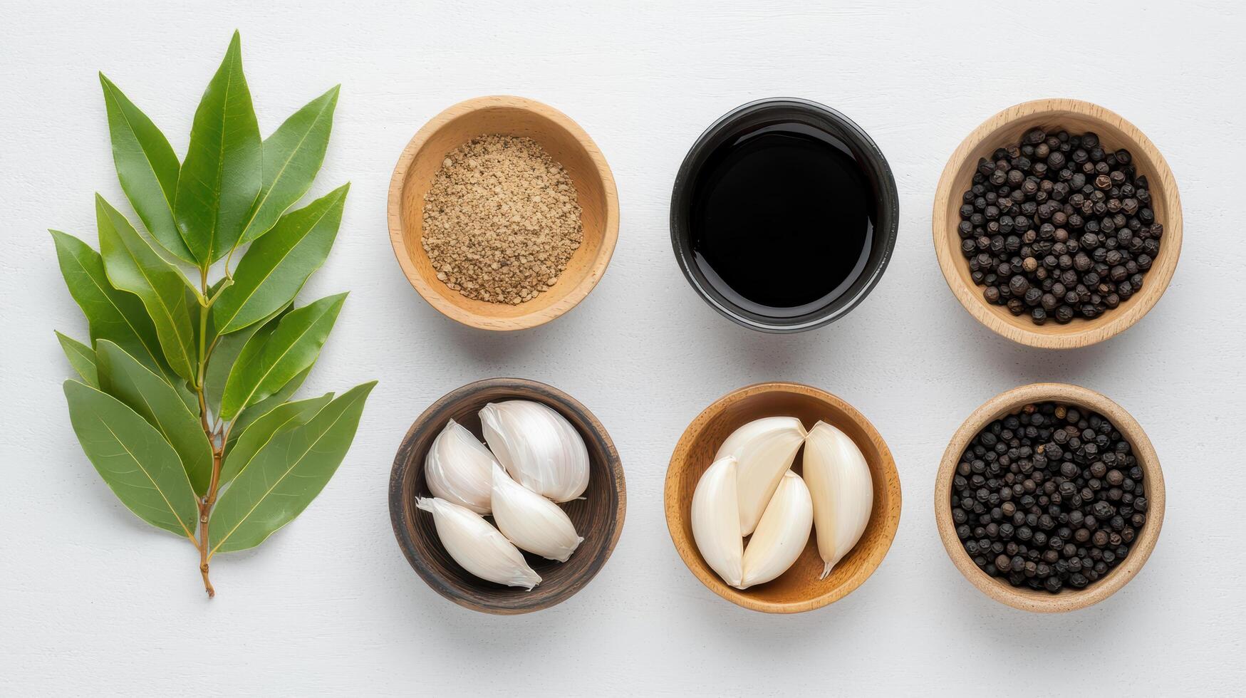 Various spices and herbs in bowls on a white surface photo