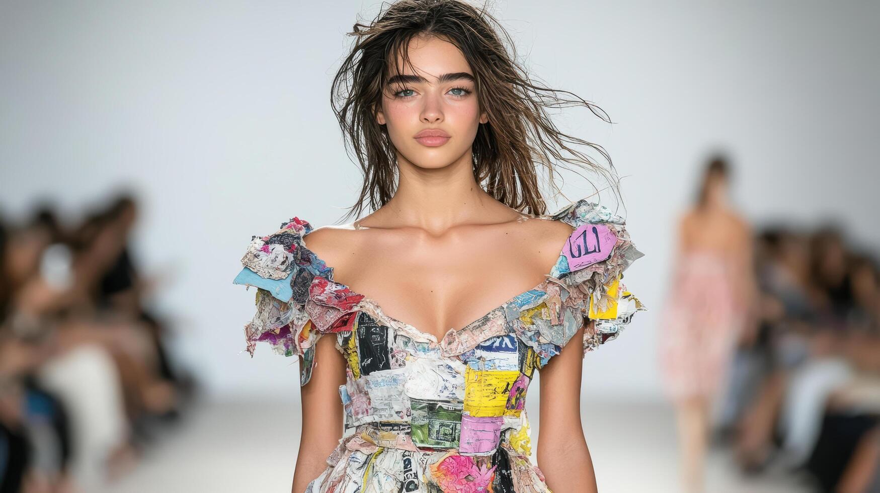 A model walks down the runway wearing a dress with colorful paper photo