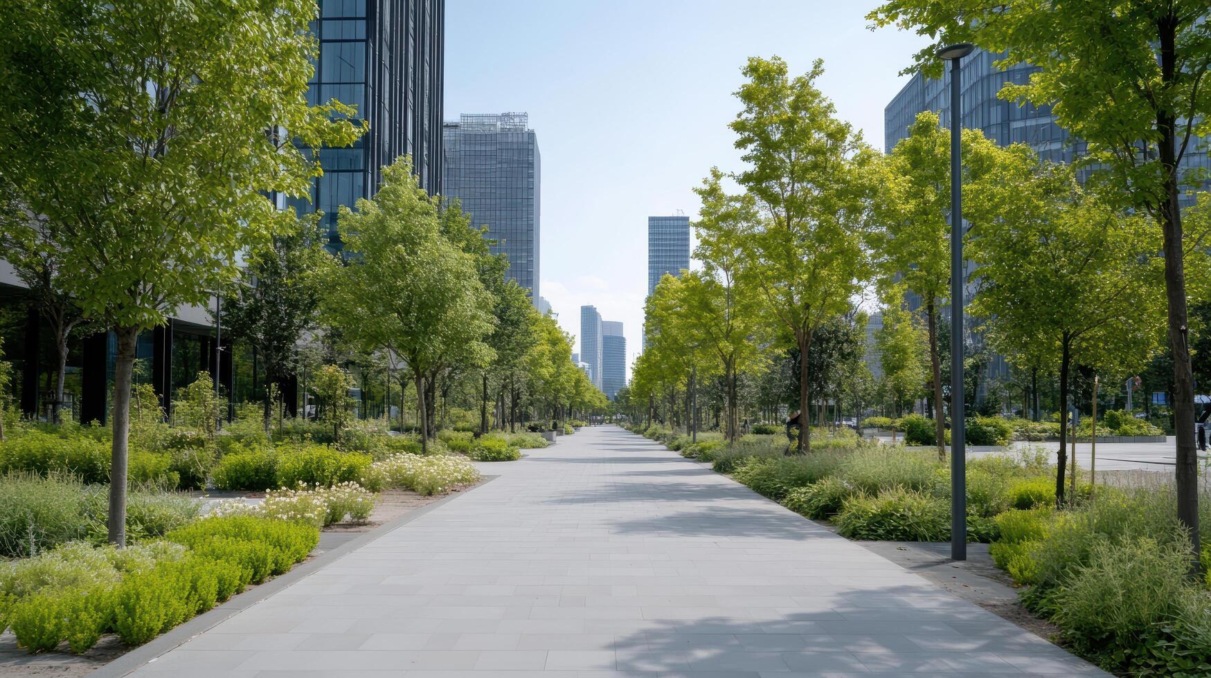 A walkway in front of tall buildings with trees photo