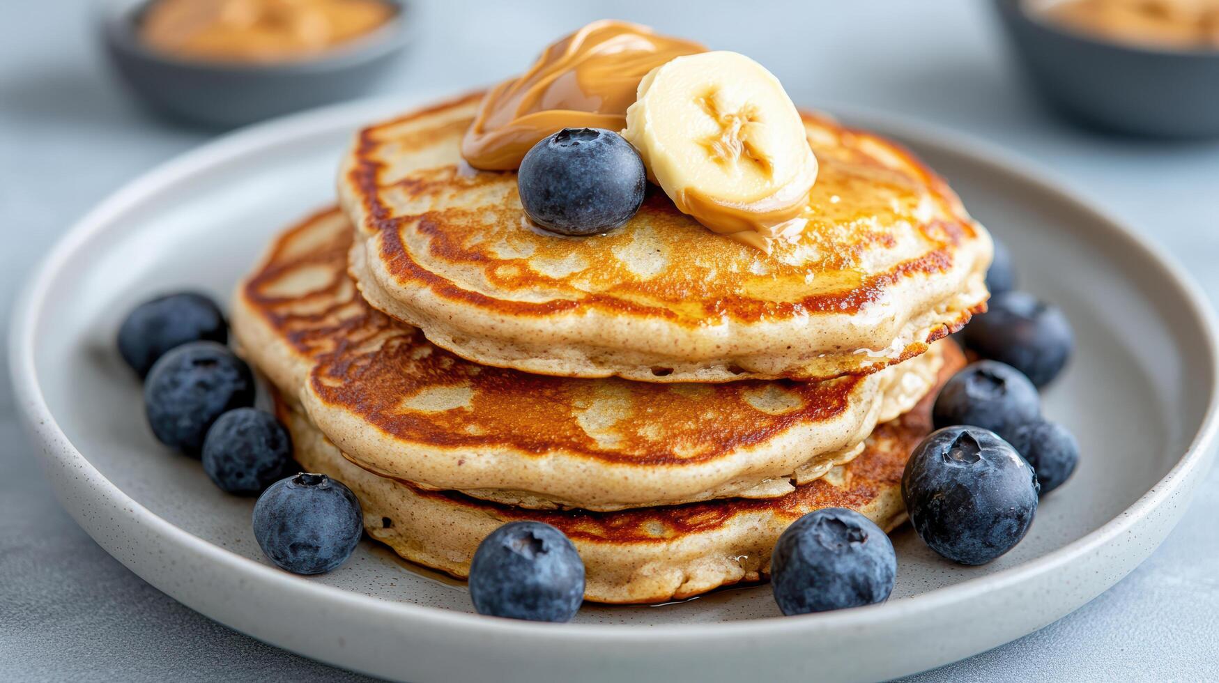 A stack of pancakes topped with blueberries and peanut butter photo