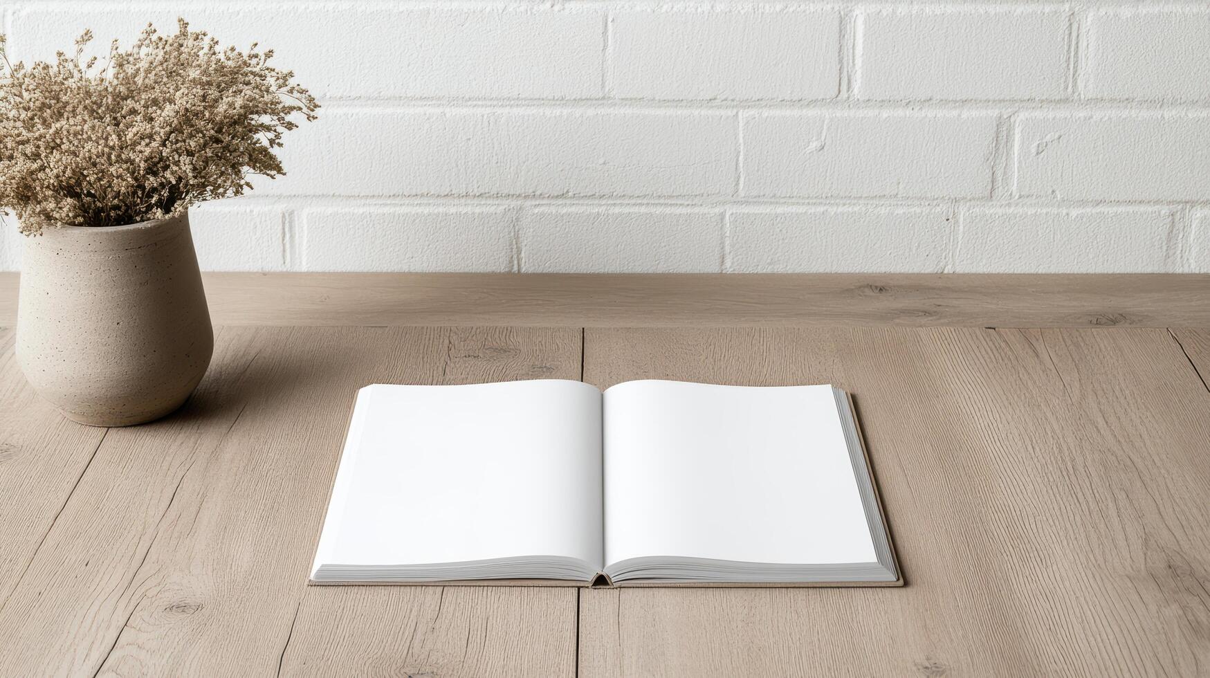 open blank book on wooden table with vase of dried flowers nearby creates serene atmosphere photo