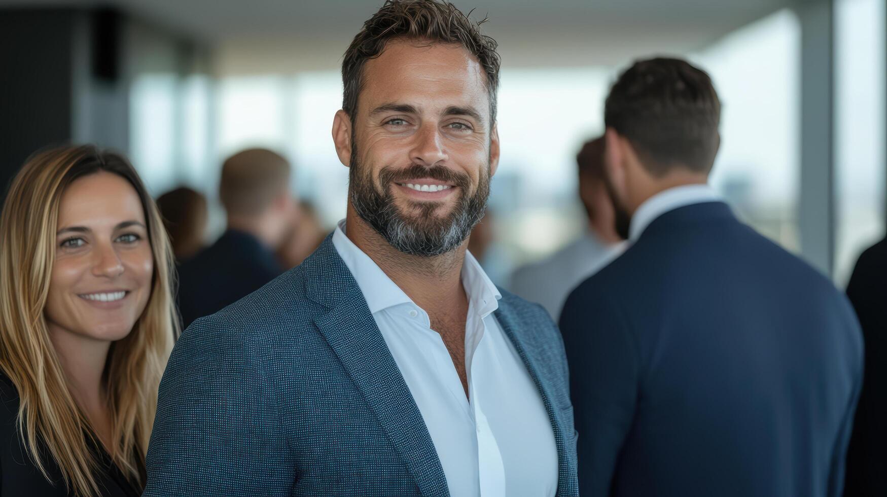 Professional networking event with confident individuals engaging in conversation photo