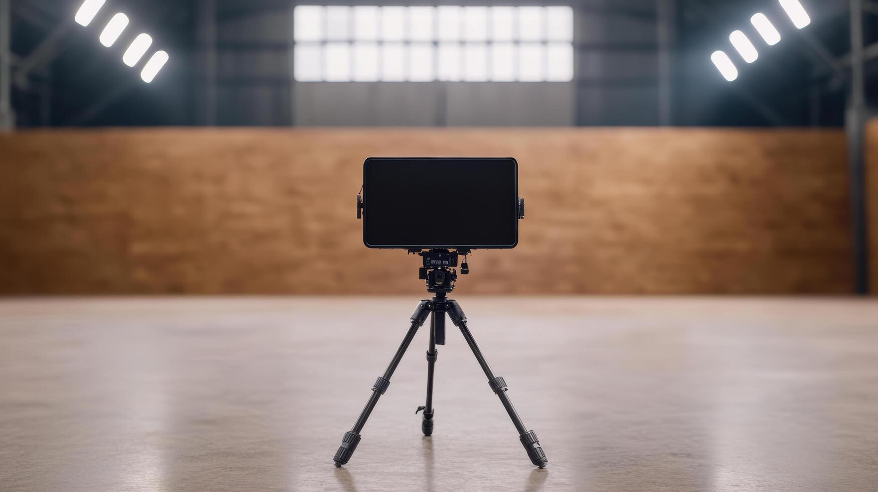 professional camera setup on tripod in spacious studio with bright lights photo