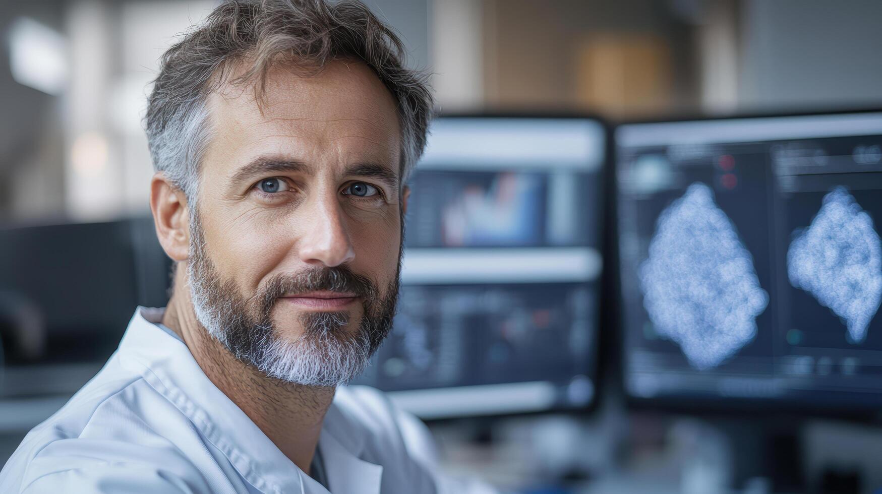 scientist in research lab, focused on digital analysis and technology photo