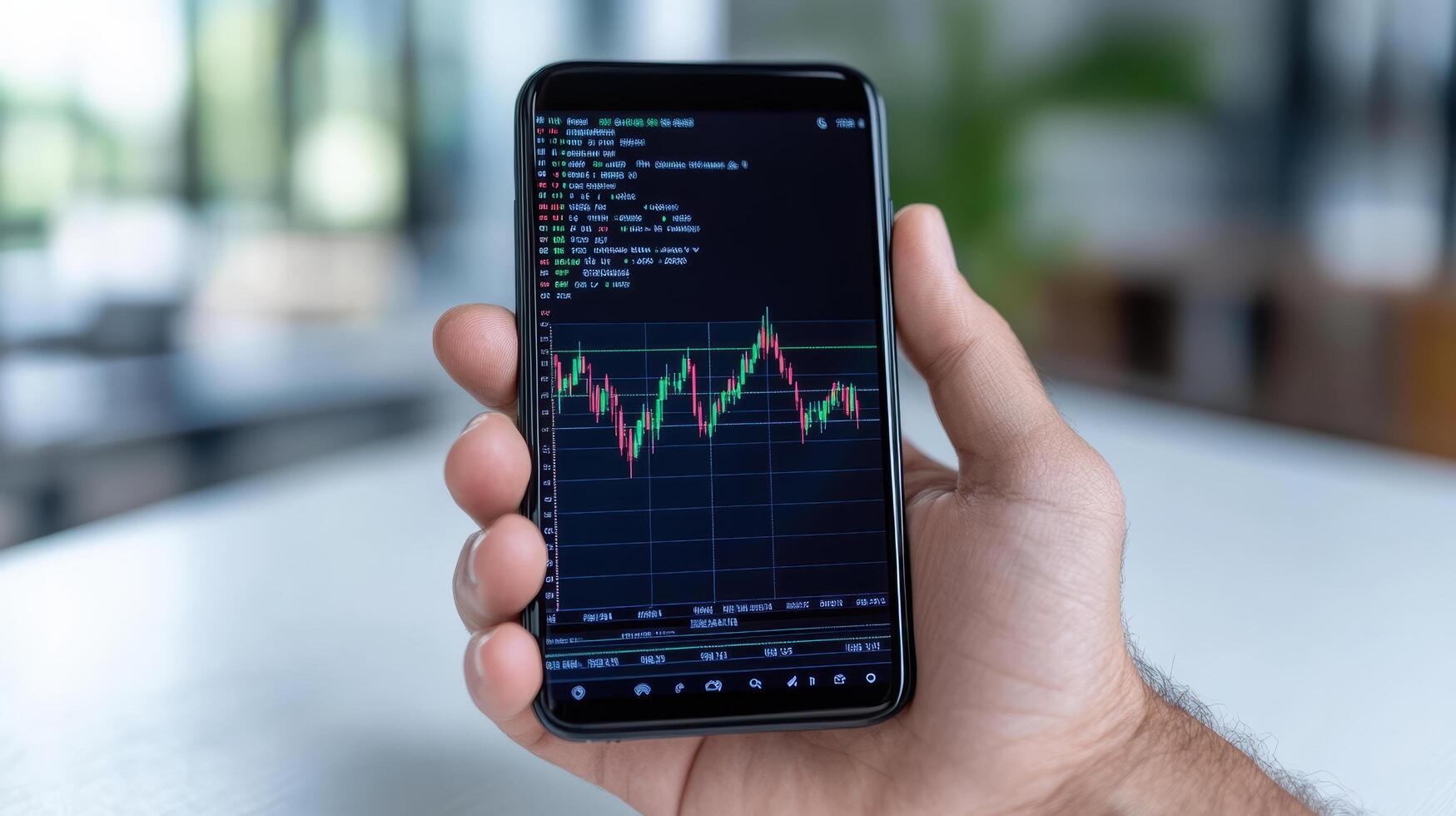 smartphone displaying stock market data with hand holding it, showcasing financial analysis photo