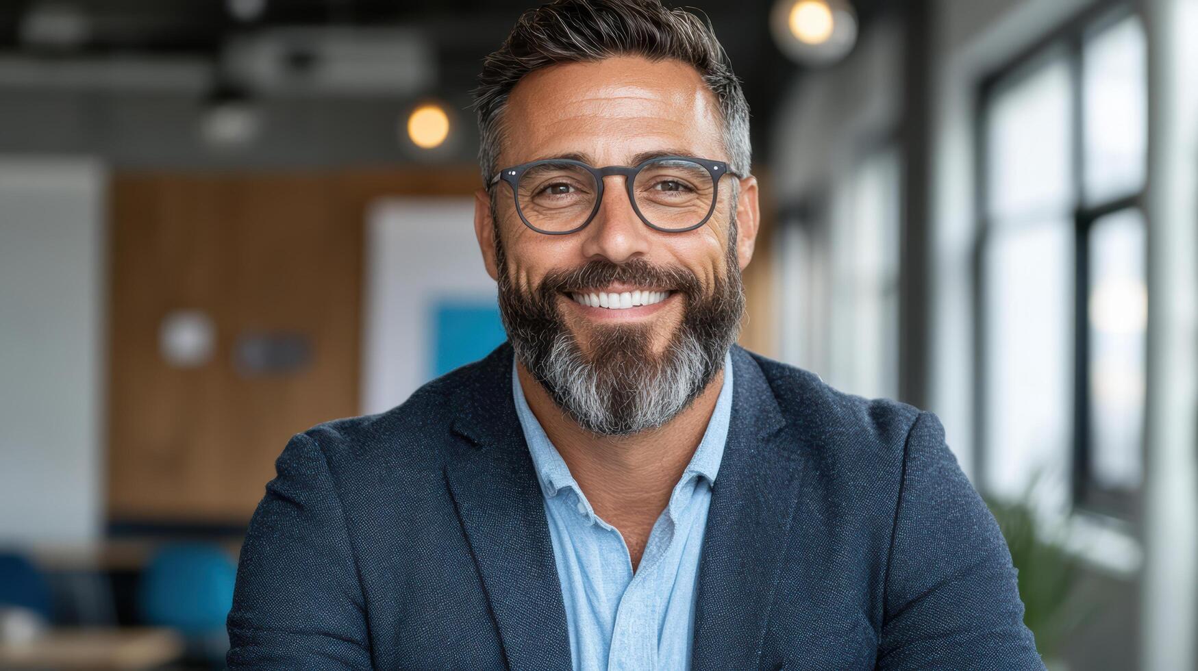 Confident businessman with beard smiling modern office setting, showcasing professionalism photo