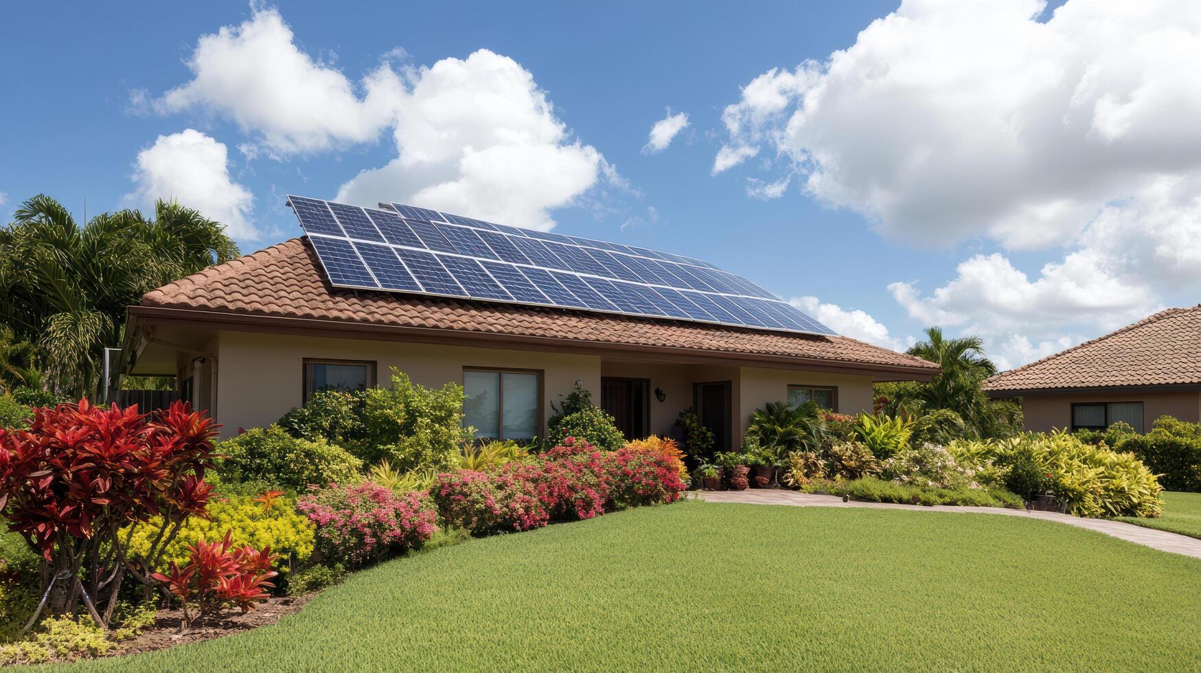 Solar panels on a house in the front yard photo