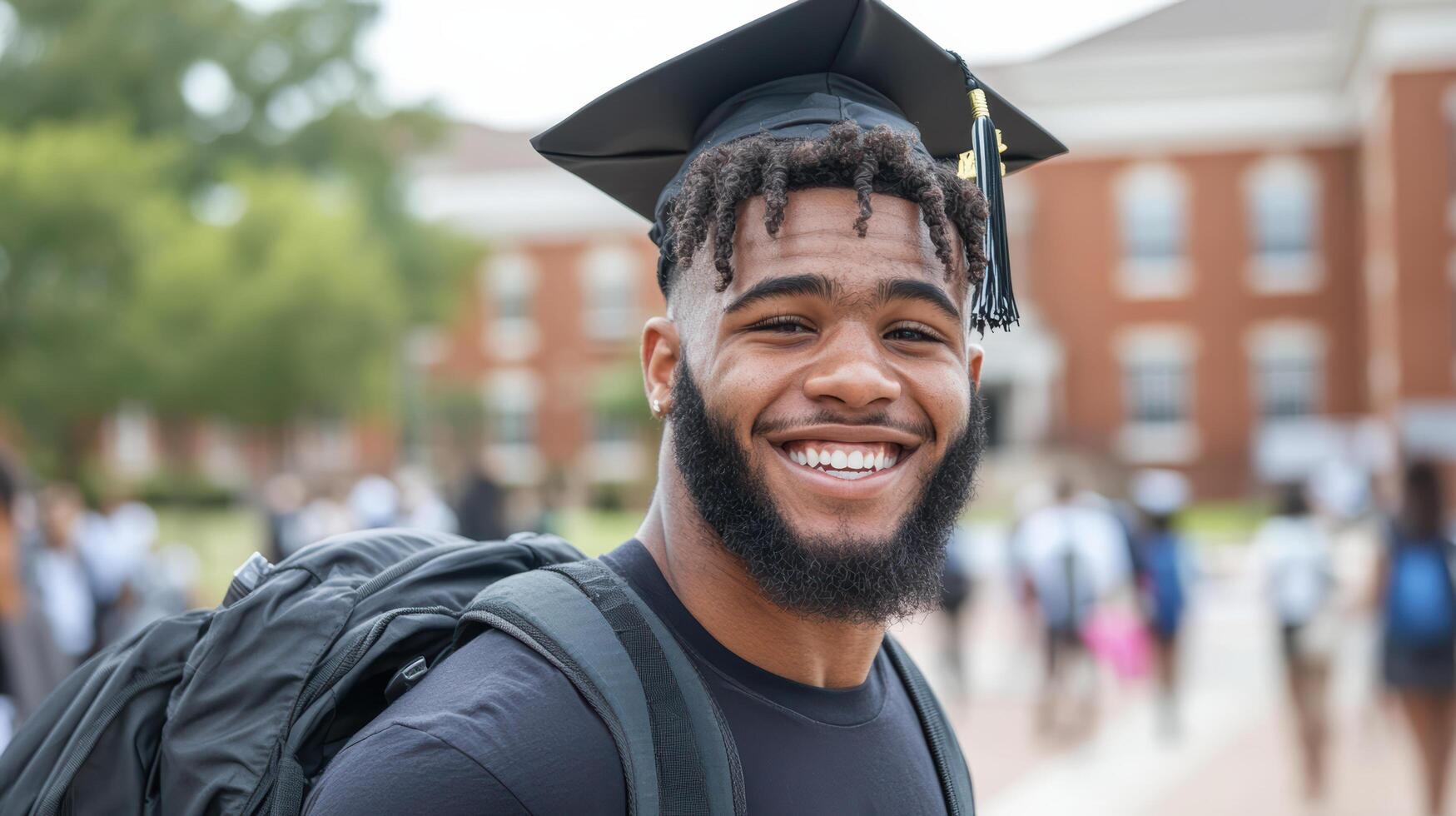 Graduation celebration with joyful student wearing cap and gown, expressing pride photo